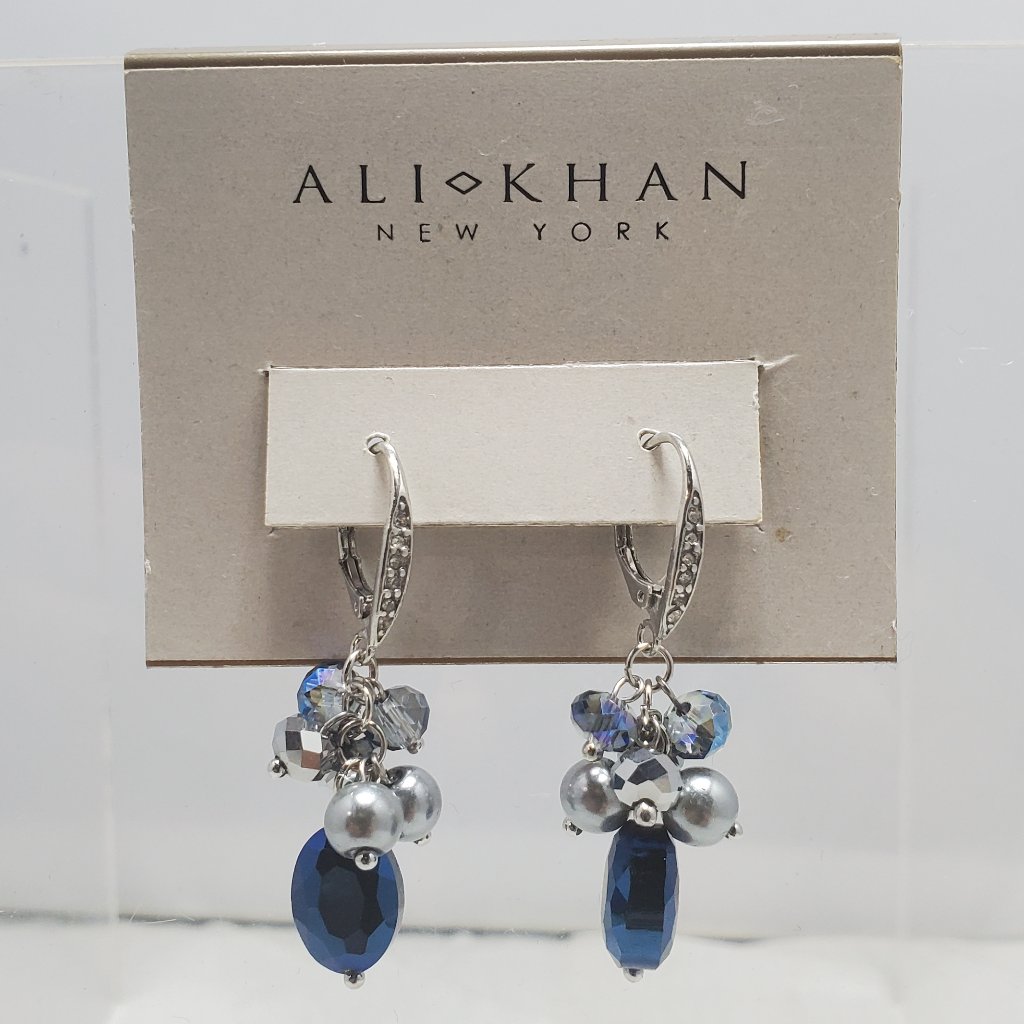 Ali Khan Silver Tone With Deep Blue Crystal Dangle Earring 18$